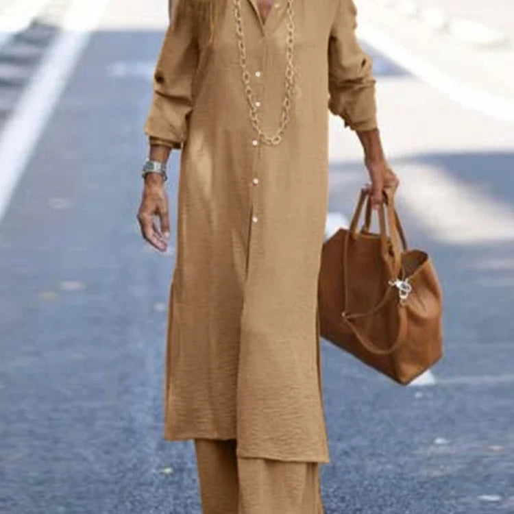 Summer Fashion Plus Size Women's New Matching Collection Elegant Loose Robe Wide Leg Pants Temperament Two Piece Set Khaki