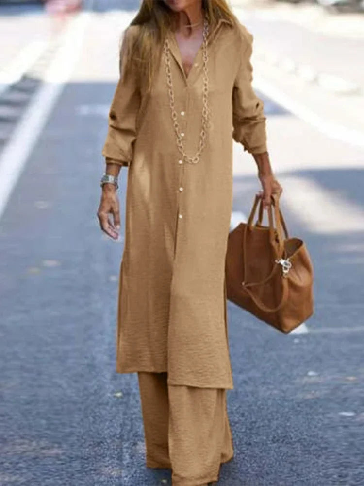 Summer Fashion Plus Size Women's New Matching Collection Elegant Loose Robe Wide Leg Pants Temperament Two Piece Set Khaki