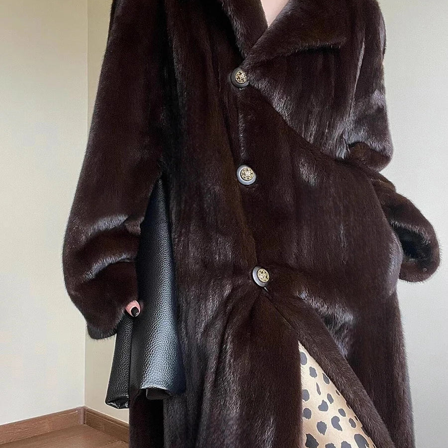 Lautaro Autumn Winter Long Thick Warm Soft Fluffy Faux Mink Fur Coat Women Elegant Luxury Designer Clothes Vintage Fur Overcoat Brown