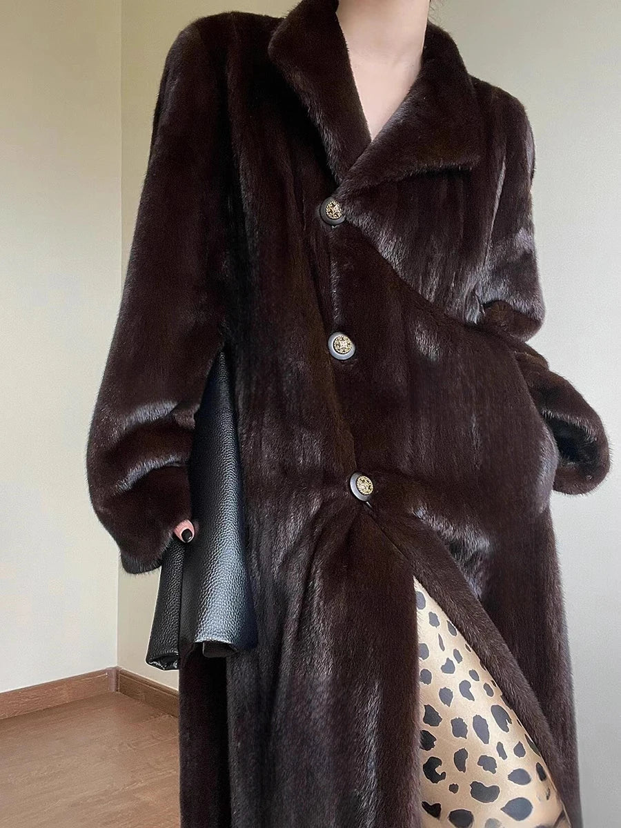 Lautaro Autumn Winter Long Thick Warm Soft Fluffy Faux Mink Fur Coat Women Elegant Luxury Designer Clothes Vintage Fur Overcoat Brown