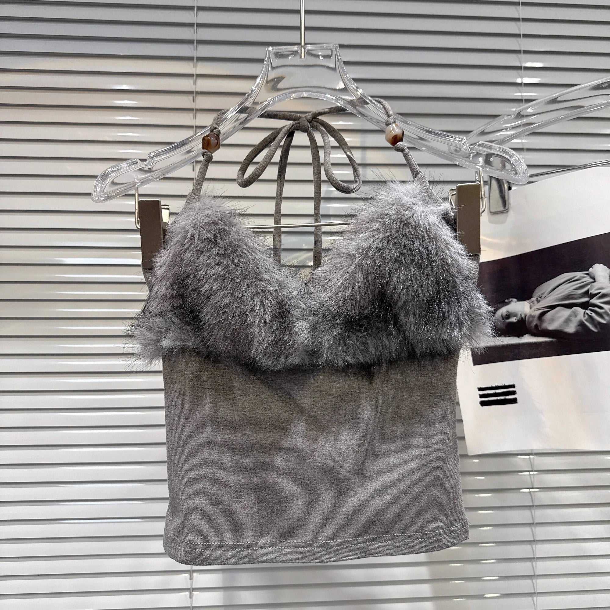 Winter New Elegant Fashion Fur Patchwork Backless Tie Halter Neck Camisole For Women Slim Fit Tank Top Female 11A07479 Gray One Size