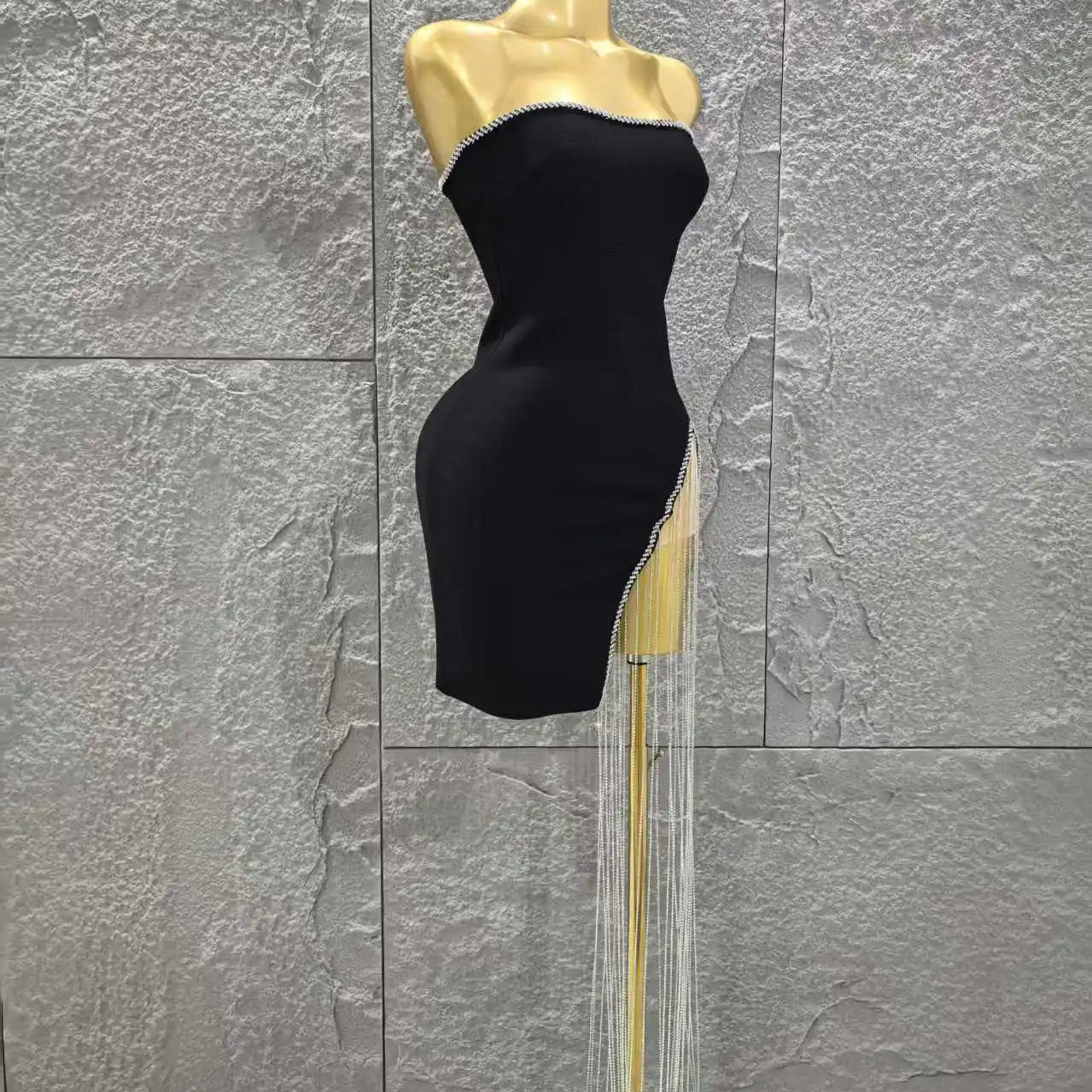 Women Sexy Strapless Diamond Chain Bodycon Mini Bandage Dress Celebrate Nightclub Party Birthday Cocktail Outfit