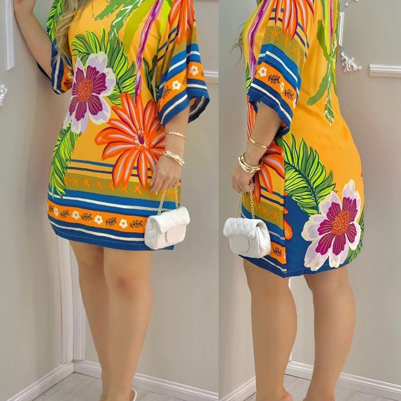 Women's Dress 2024 Summer Fashion Tropical Print Half Sleeve O-Neck Dresses Female Casual Party Beach Mini Loose Dress Vestidos Yellow1