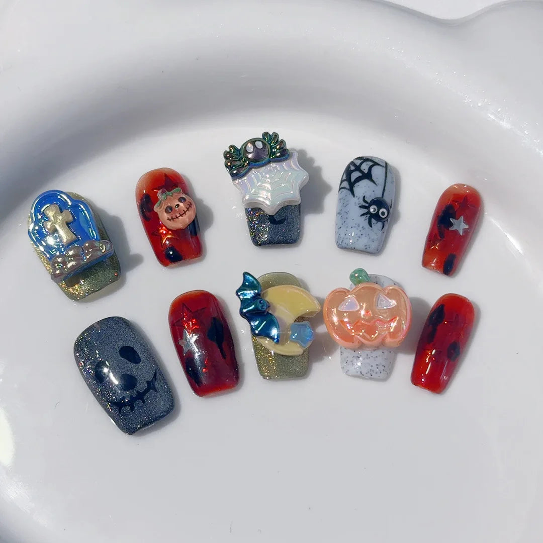 10Pcs Lovely Short Christmas Handmade Nails Cartoon Snowman Stick on Gel Nails with Glue Glitter French False Nail Manicure Tips