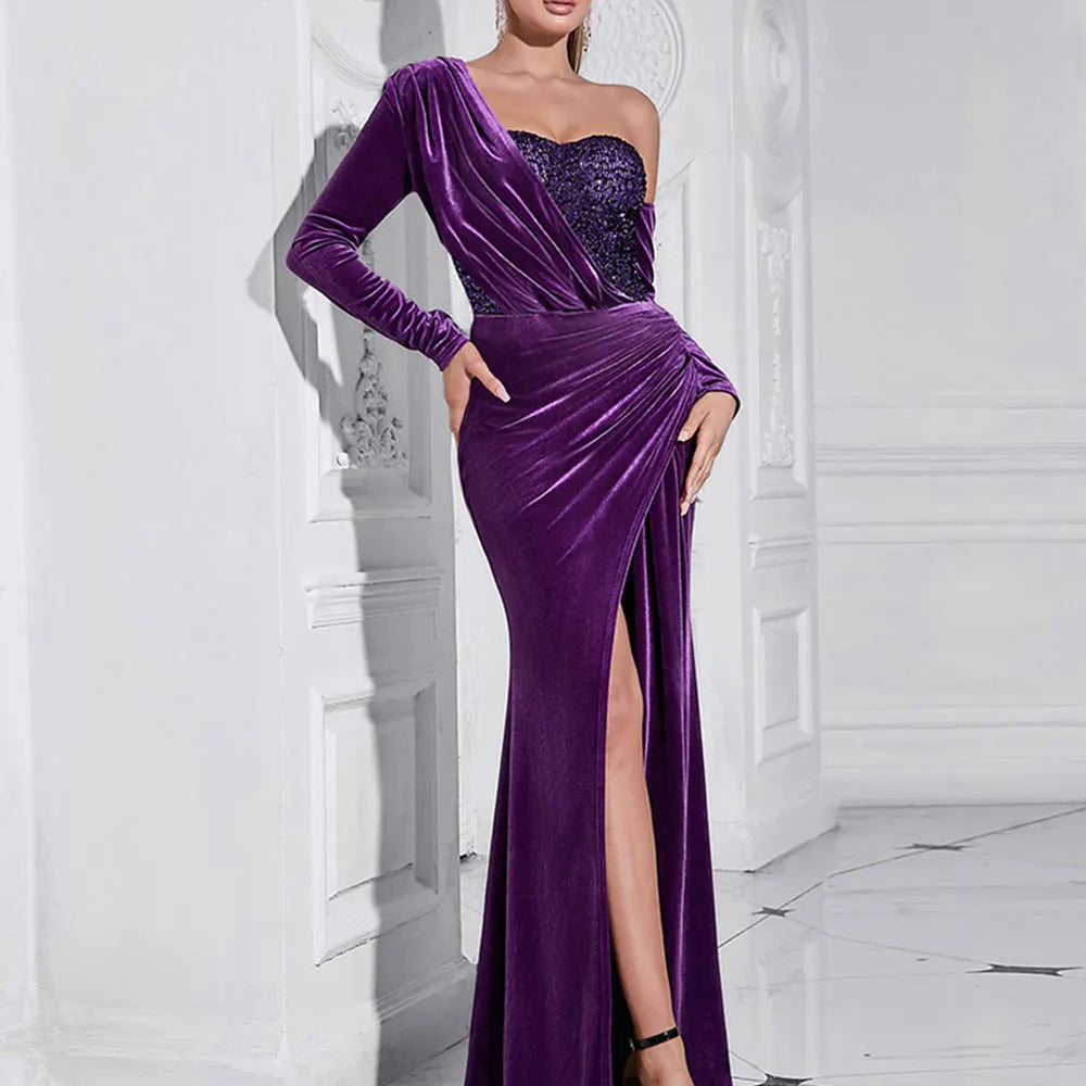 2024 Sexy Women Light Luxury Sparkle Velvet Dress with Diagonal Collar Long Sleeve Draped Bodycon Split Body Long Dress Vestidos