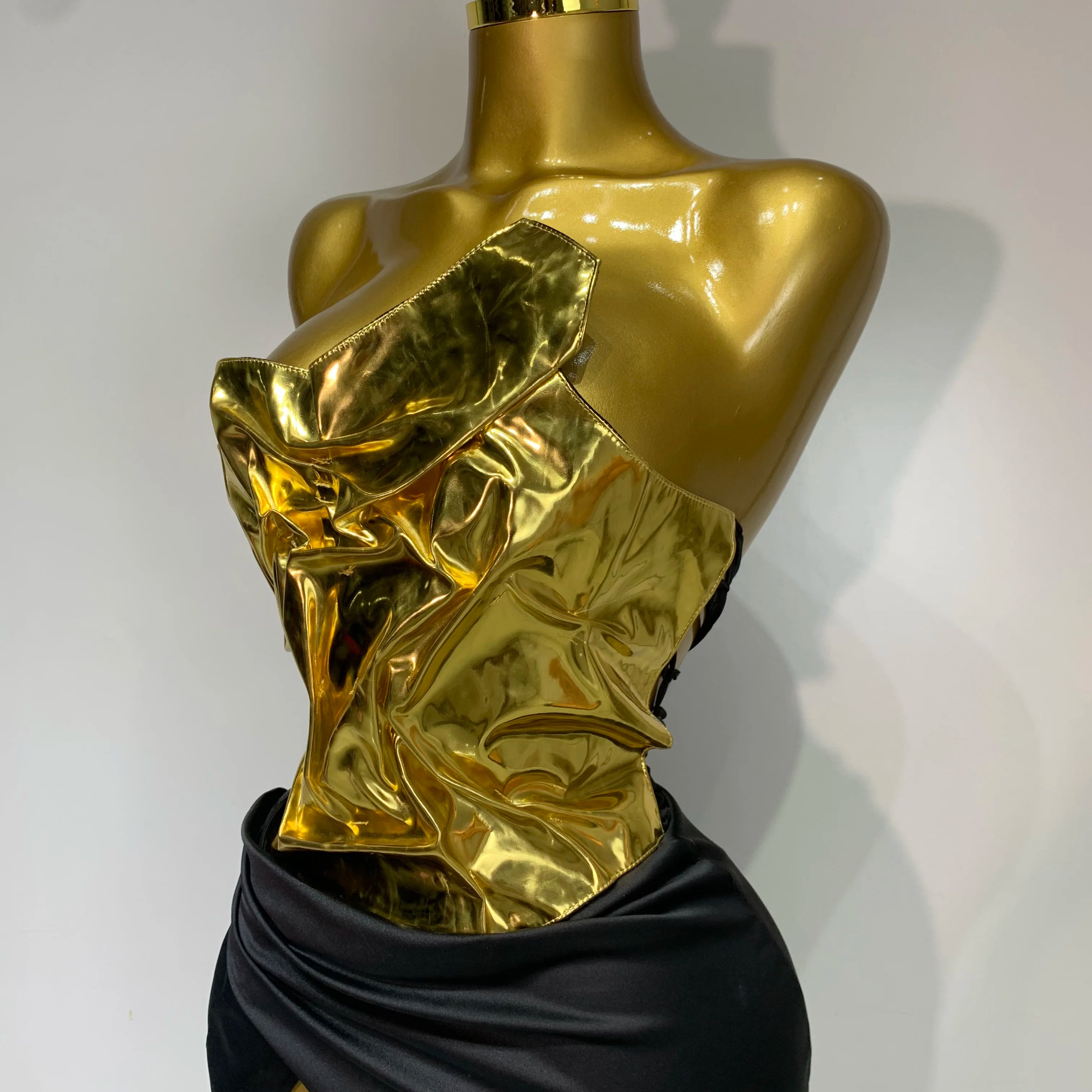 2025 Women Gold Color Sexy Laced-up Tops 2 Pieces Set Long Dress Celebrate Evening Party Celebrity Elegant Dress