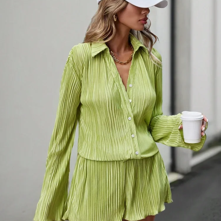 Causal Green Pleat Lapel Women Shorts Suits Fashion Long Sleeve Single Breasted Shirts 2 Piece Sets Female Summer Street Outfits