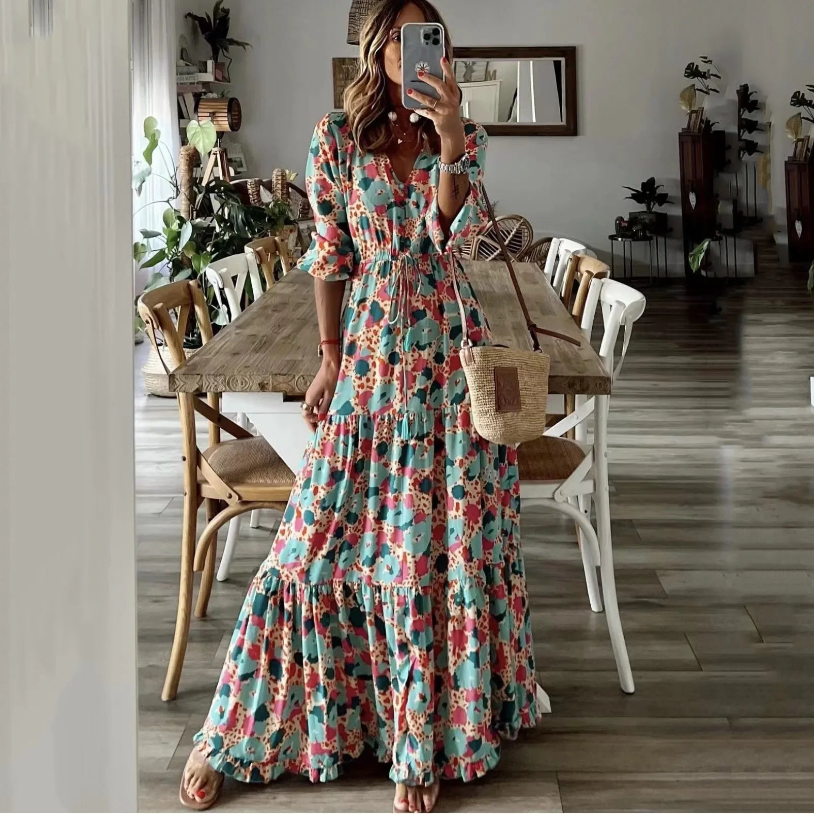 Spring Autumn Flower Print Long Dresses For Women Casual Holiday A-line Beach Dress Fashion Elegant Bohemian Style Maxi Vestidos orange