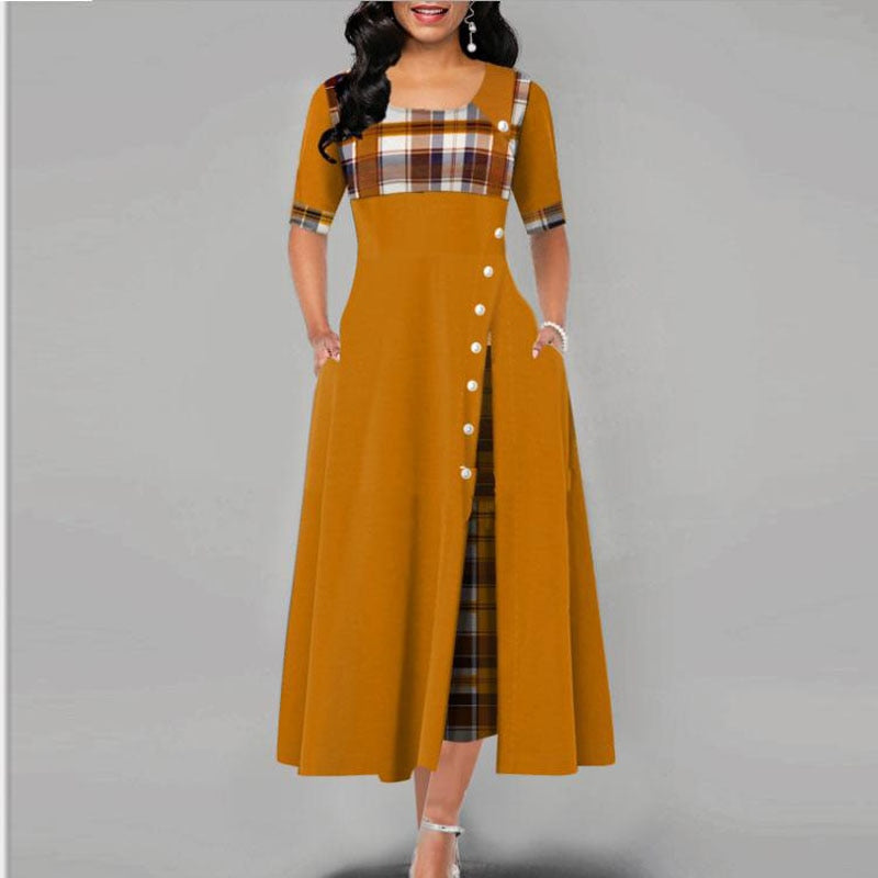 Women'S Fashion Half Sleeve Plaid Print Button Detail Maxi Dress Yellow
