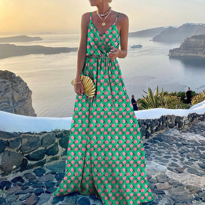 V Neck Maxi Dresses Printed Sleeveless Sling Holiday Dress style 1 Green pink