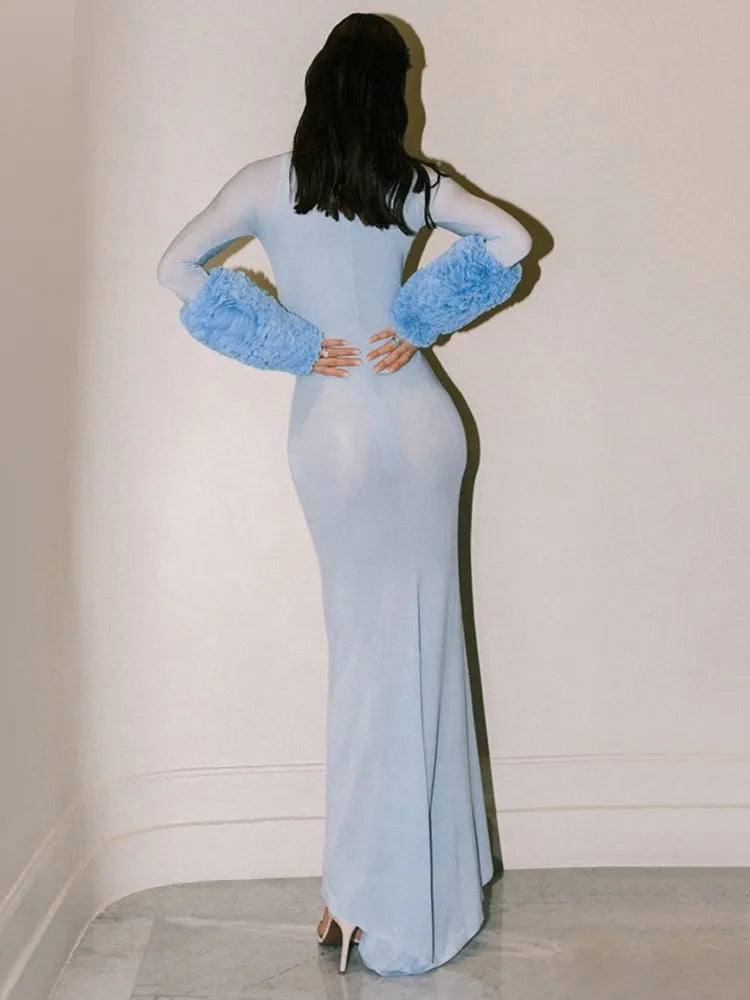 New Women Celebrity Sexy Long Sleeve Mesh Sky Blue Maxi Long Bodycon Dress 2024 Elegant Evening Club Party Outfit