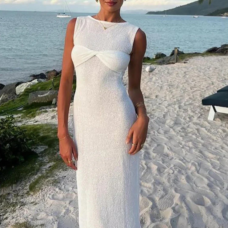 Fantoye Knitted Round Neck Ruched Women Maxi Dress Pink Sleeveless See Through Dress Femme Summer Skinny Elegant Party Beachwear