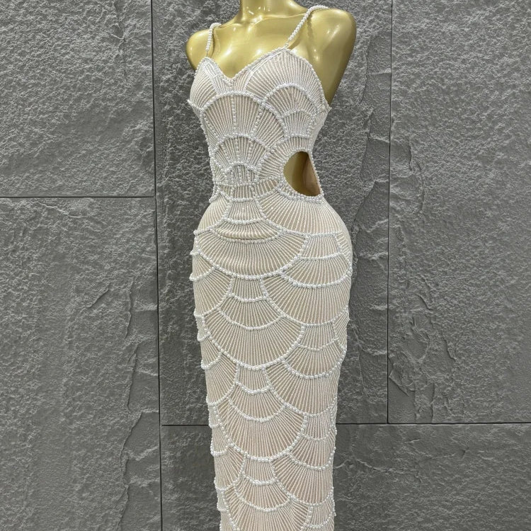 Hot Sale Women Sleeveless Sexy Strap Pearl Beading Bodycon Long Dress Celebrate Evening Party Birthday Cocktail Outfit