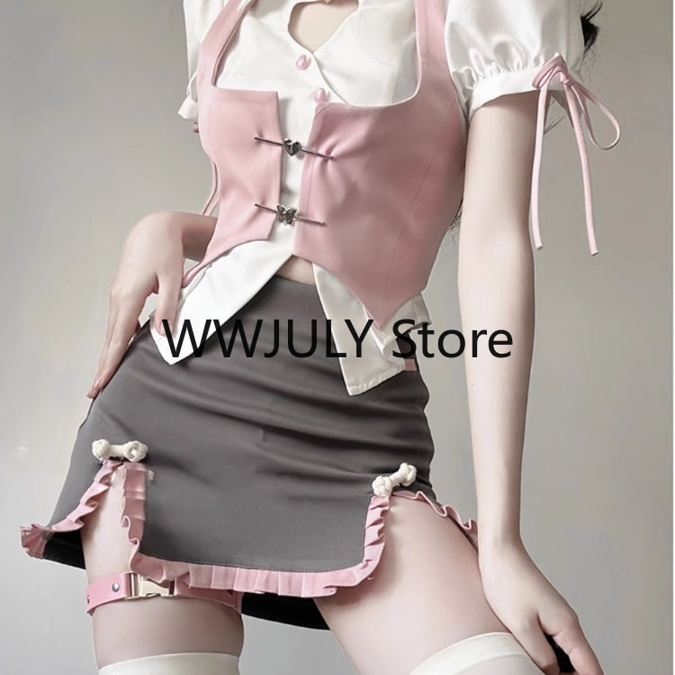 Summer Fashion Y2k 3 Piece Sets Woman Casual Solid Shirt Slim Pink Vest High Waist Mini Skirt Sweet Japanese Suit Girl Chic