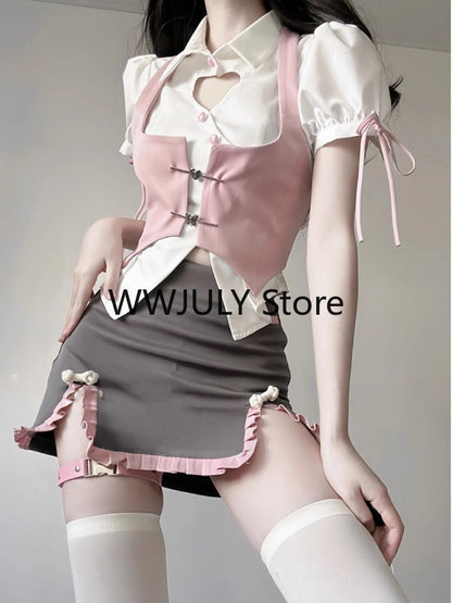 Summer Fashion Y2k 3 Piece Sets Woman Casual Solid Shirt Slim Pink Vest High Waist Mini Skirt Sweet Japanese Suit Girl Chic