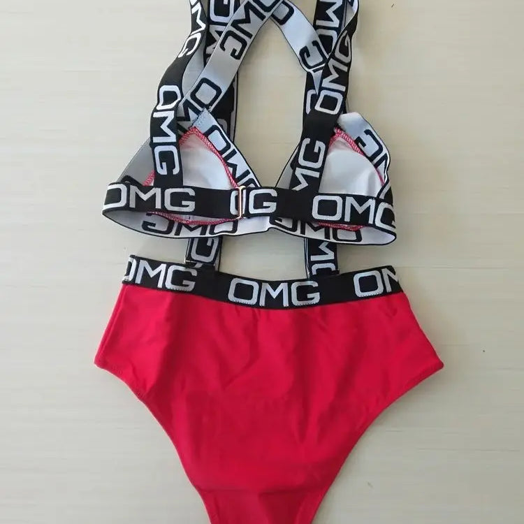 Neon Women Swimsuit Push Up Bikini Swimwear High Waist Bathing Suit OMG Letter Print One Piece Monokini Beachwear Swimsuit