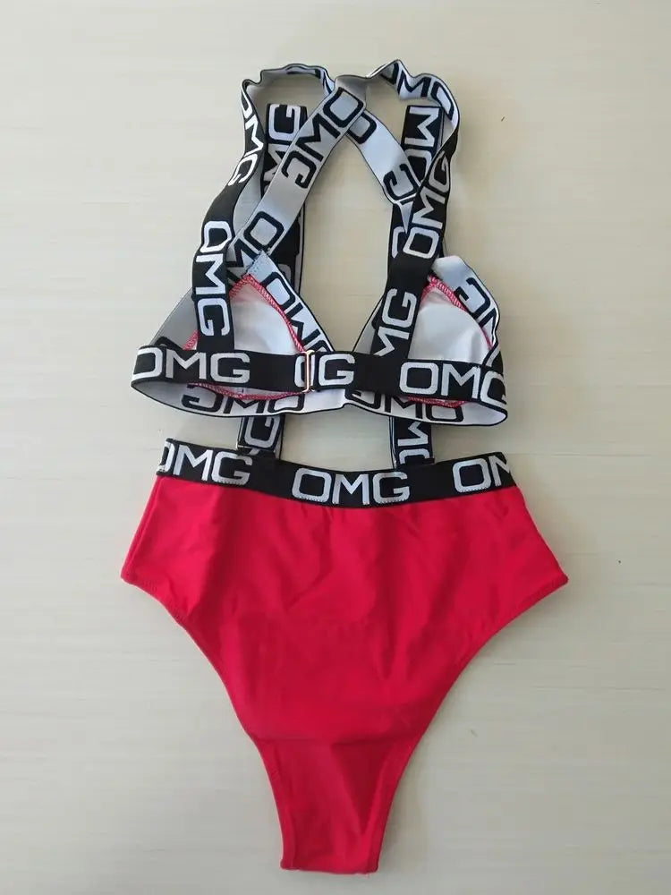 Neon Women Swimsuit Push Up Bikini Swimwear High Waist Bathing Suit OMG Letter Print One Piece Monokini Beachwear Swimsuit