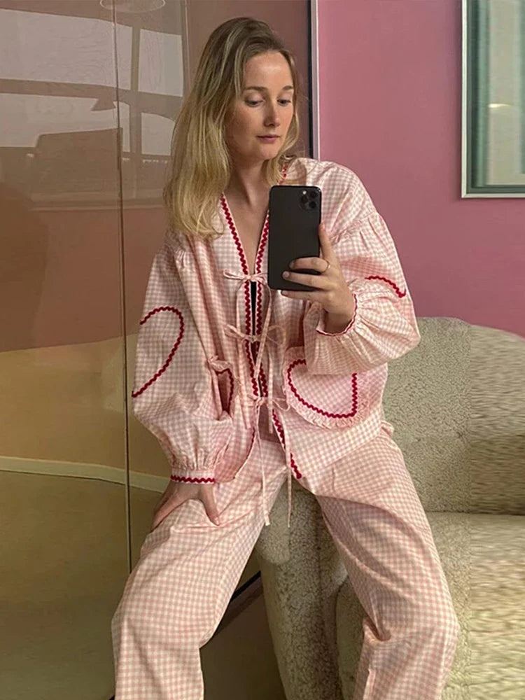 Women Heart Pocket Plaid Shirt Pants Set Casual Lantern Sleeve Lace Up Blouse 2 Piece Sets Summer Loose Drawstring Pants Set light pink suit