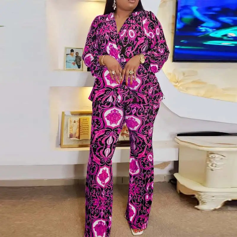 Plus Size 5XL VONDA Women Printed Pant Sets Summer Bohemian Suits Casual 2PCS Loose V-Neck Long Sleeve Tops and Trousers Sets Rose