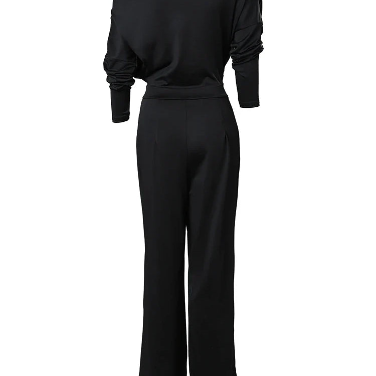 Elegant Jumpsuits for Women Spring New Plain Elegant Office Lady Loose Ruched Cold Shoulder Split Hem Wide Leg Jumpsuit