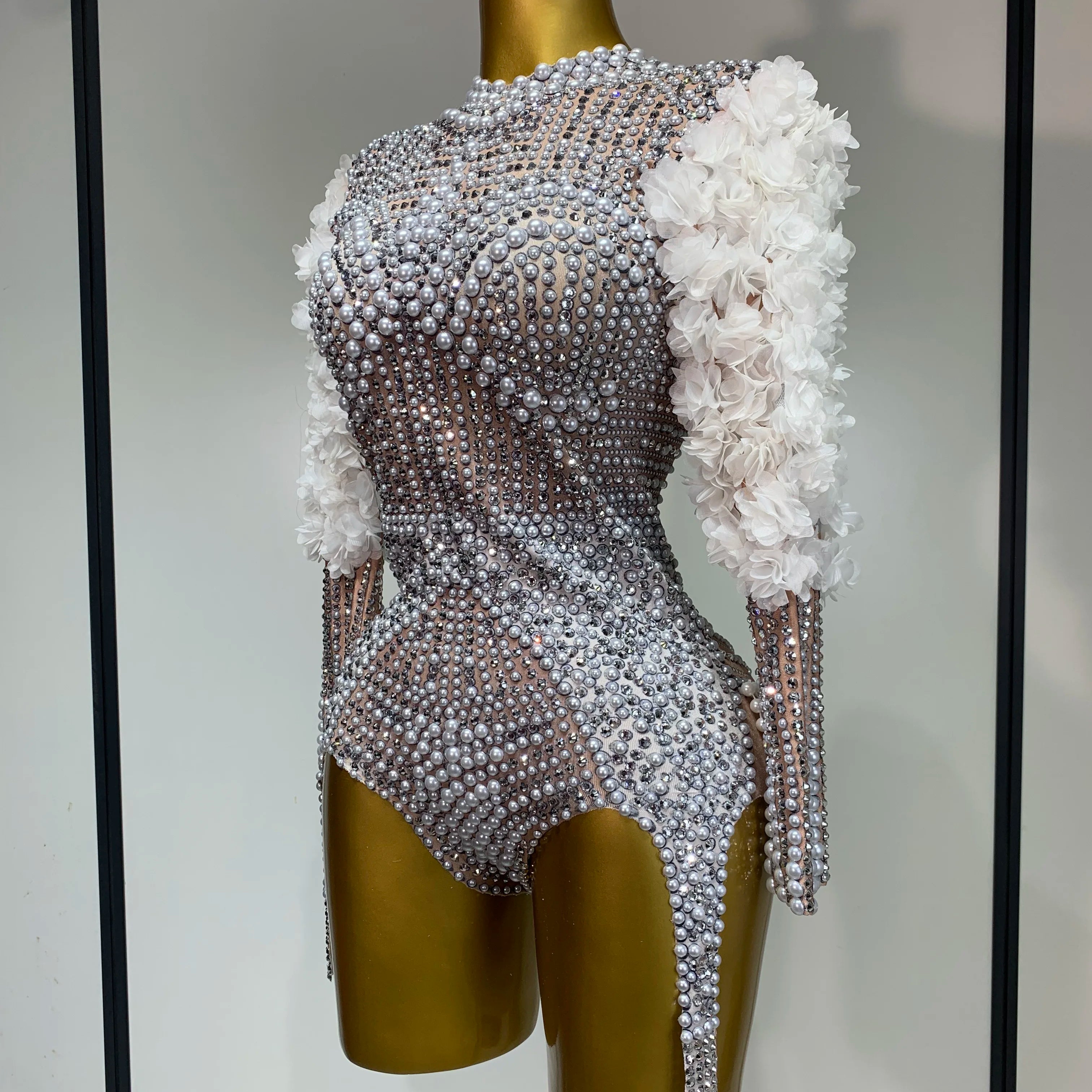Sparkly Luxury Sheath Bodysuit Women Sexy Pearls Rhinestone Flowers Stage Singer Outfit Nightclub Performance Dance Costume
