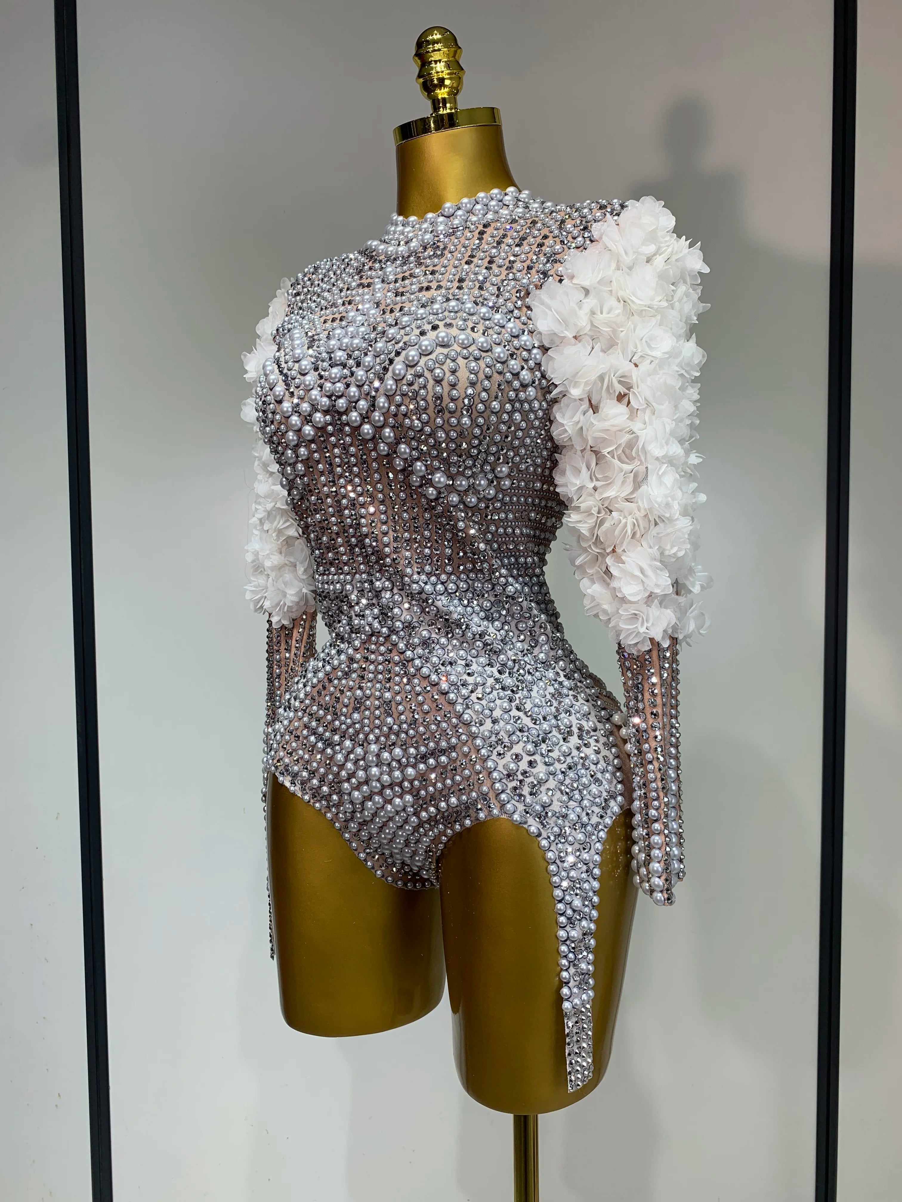 Sparkly Luxury Sheath Bodysuit Women Sexy Pearls Rhinestone Flowers Stage Singer Outfit Nightclub Performance Dance Costume