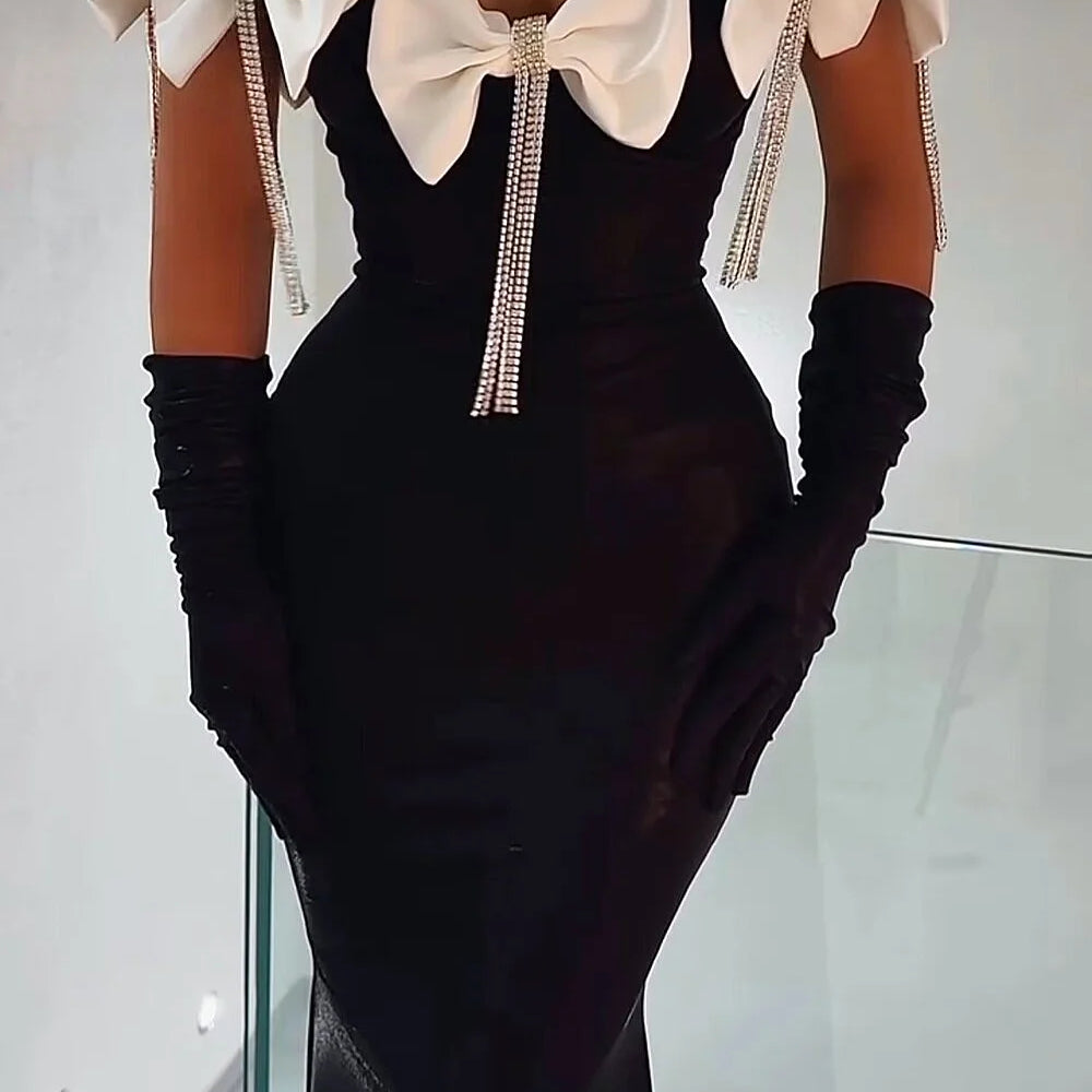 Sparkling Diamonds Tassel White Bows Sexy Off The Shoulder Ankle Lenght Bandage Dress Woman Birthday Party Vestido