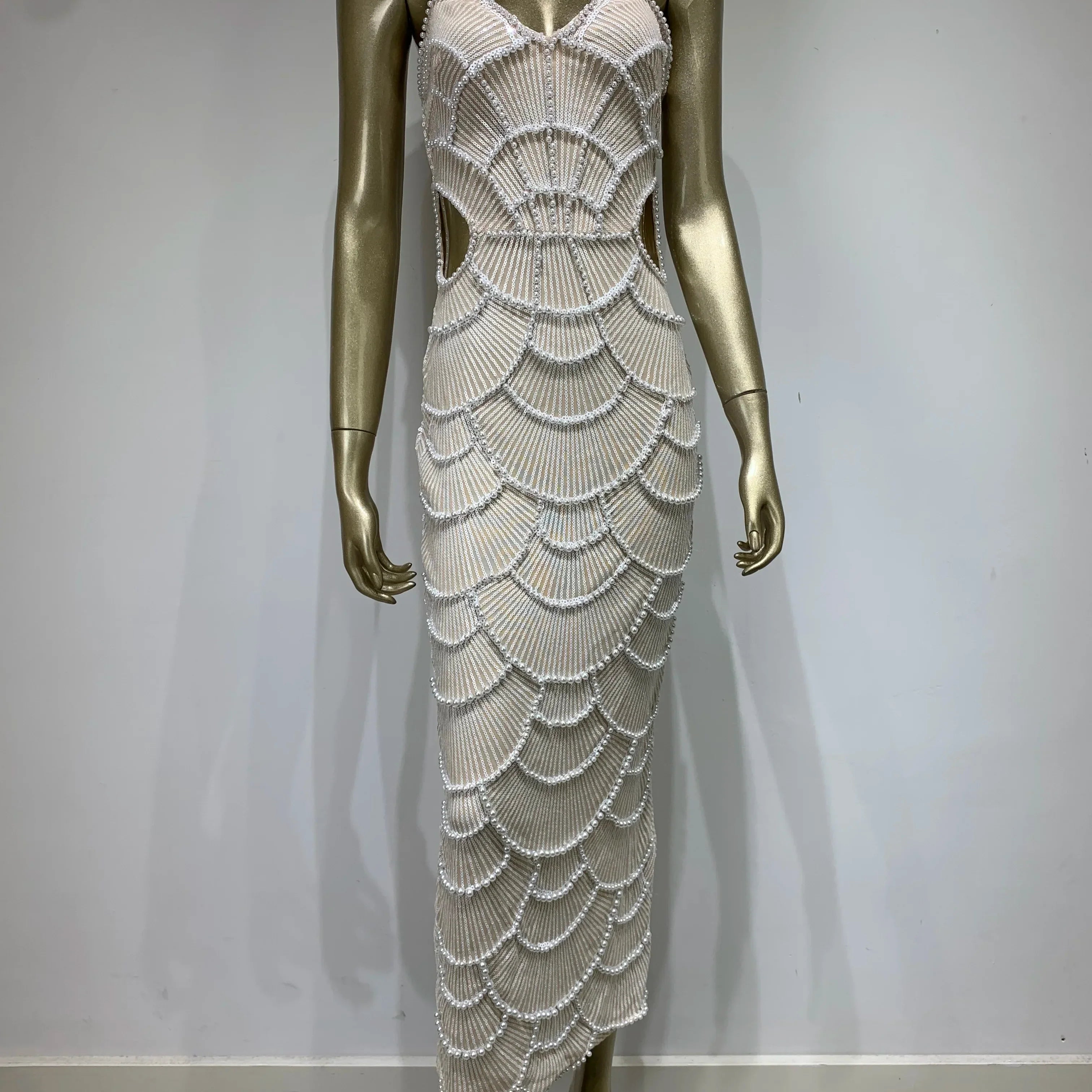 Women Luxury Sexy V Neck White Pearl Beading Cut Out Maxi Long Bodycon Gowns Dress Birthday Elegant Evening Party Club Dress