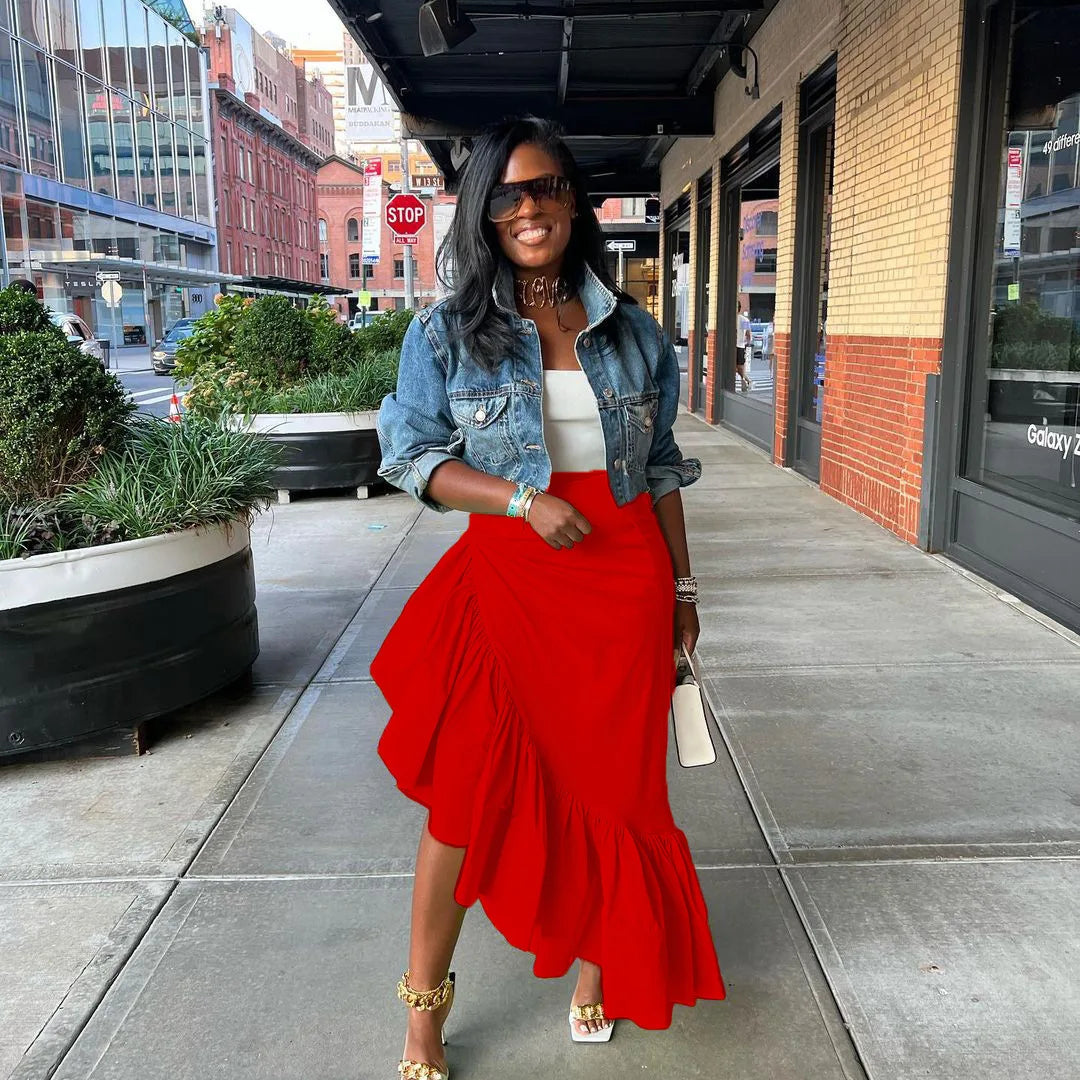 Women Ruffles Hem Asymmetrical High Waist Maxi Long Skirt 2022 Autumn Winter Streetwear INS Fashion Skirts Red