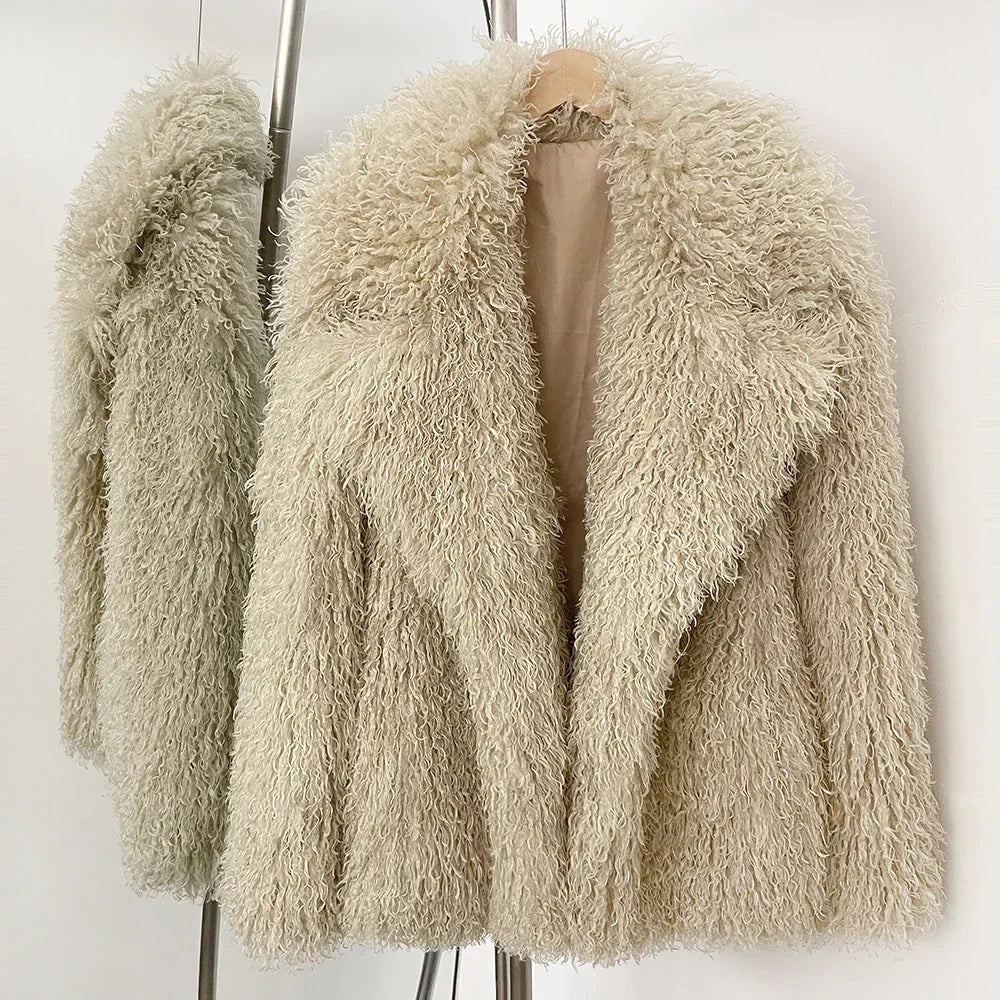 Faux Fur Jacket Women Fur Coat Warm Eco-friendly New in Winter Long Sleeve Female Office Lady Chic Faux Fluffy Fur Outerwear Khaki