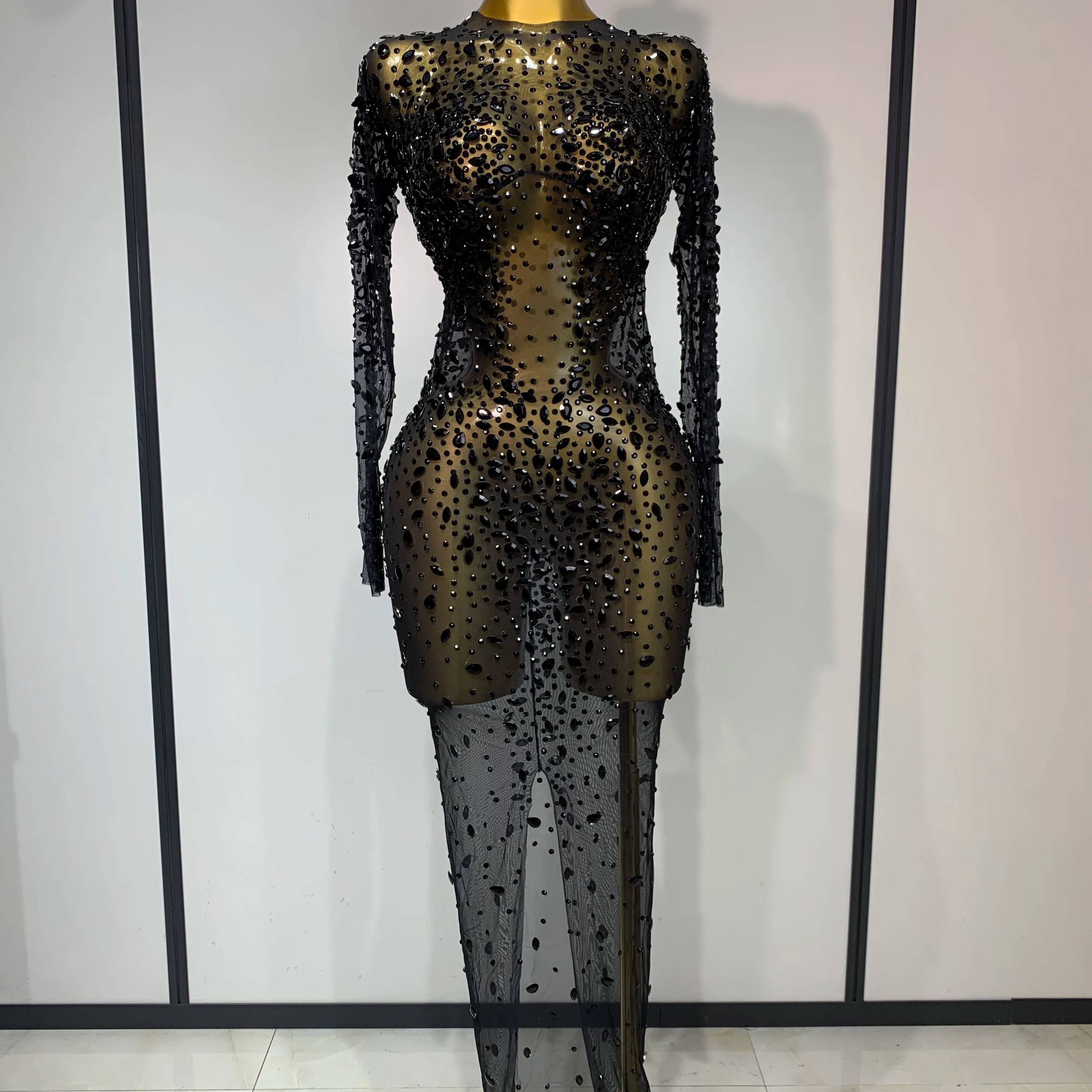 Women Sexy Long Sleeve Bodycon Dress Luxury Birthday Evening Party Glitter Rhinestones Mesh See Through Prom Gown Stage Outfit black