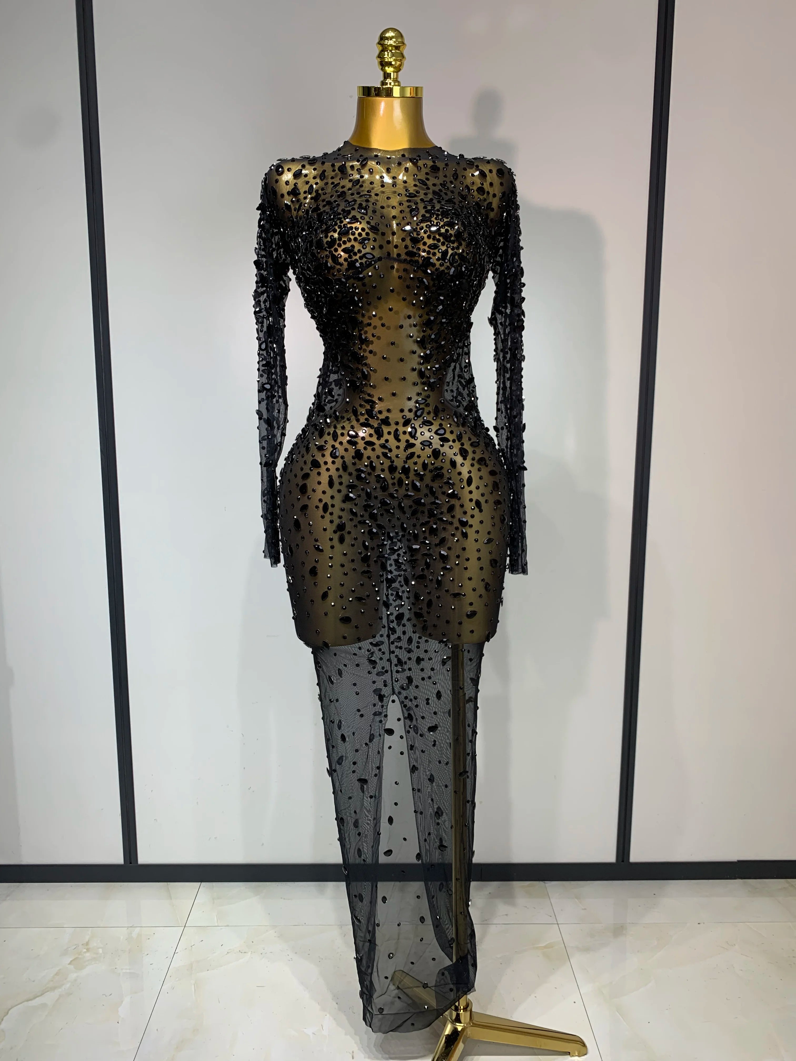 Women Sexy Long Sleeve Bodycon Dress Luxury Birthday Evening Party Glitter Rhinestones Mesh See Through Prom Gown Stage Outfit black
