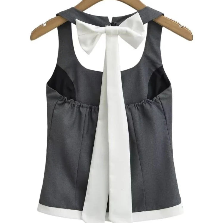 Aonibeier Bow Patchwork Women Halter Crop Top Suits Traf Summer Low Collar Slim Sleeveless Female Tanks Mini Skirt Sets Y2K