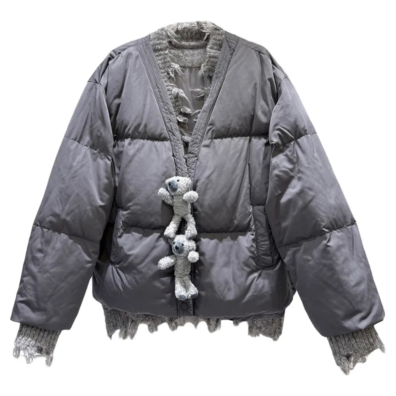 Winter New Sweet Fashion Button Knitted Collar Warm Jacket For Women Loose V-neck Loose Cotton-padded Coat 11A07666