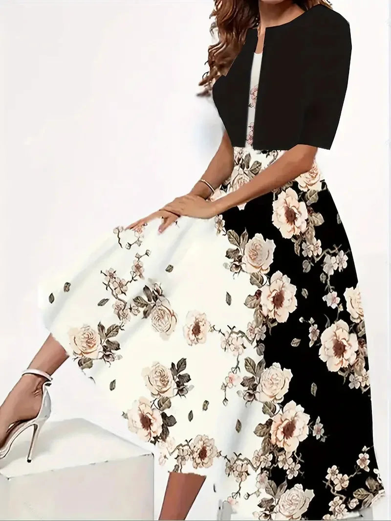 New for summer 2024! Eu-us Fall Women's 2 long Dress Set - floral and grass print crew neck dress with chiffon short coat Beige