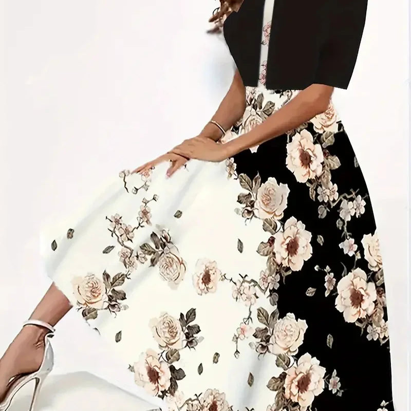 2025 autumn new women's long crewneck printed dress short needle two-piece cardigan short coat Beige