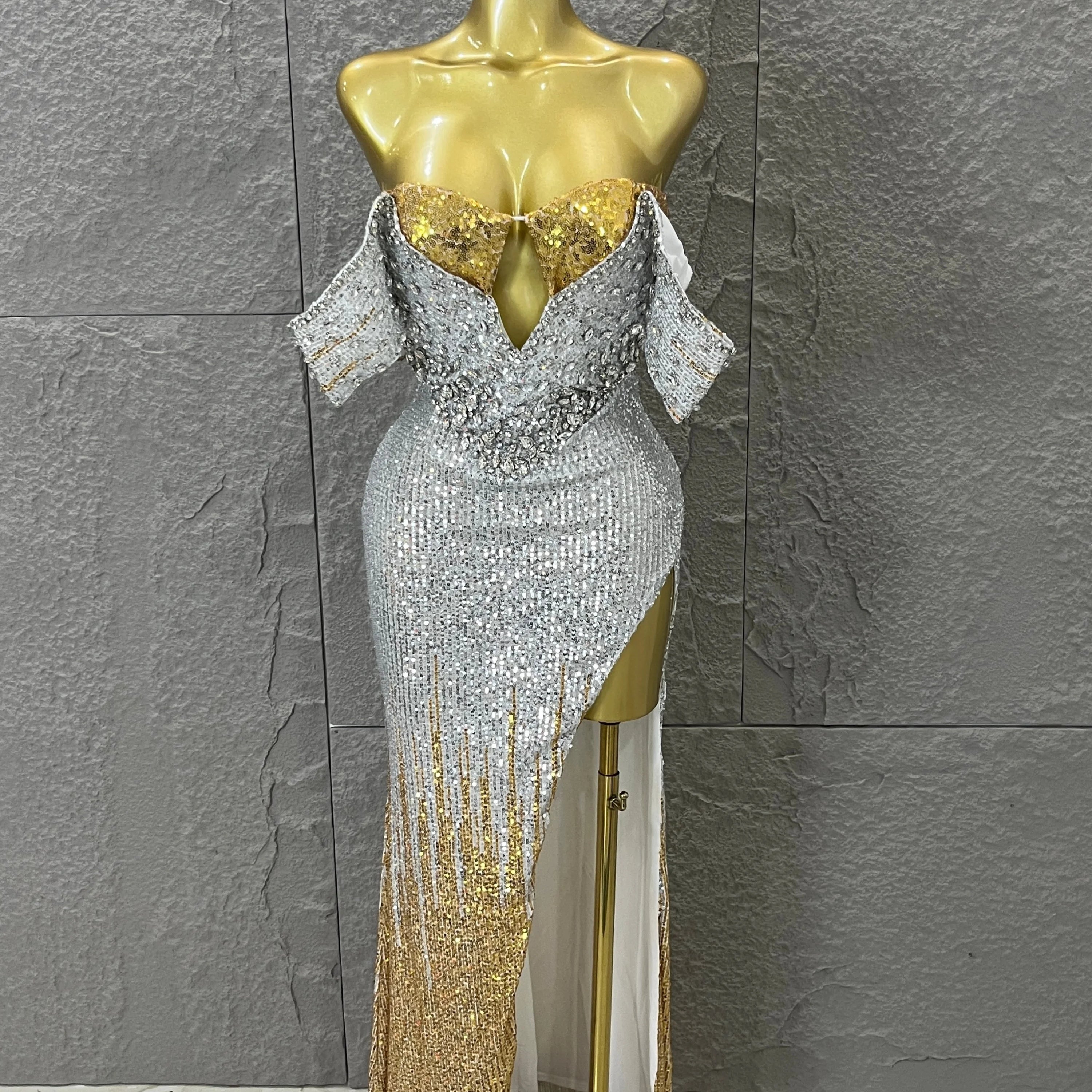 Sparkly Silver Gold Sequin Off Shoulder High Slit Dress Allover Glitter Evening Party Club Birthday Gala Celebration Event Silver