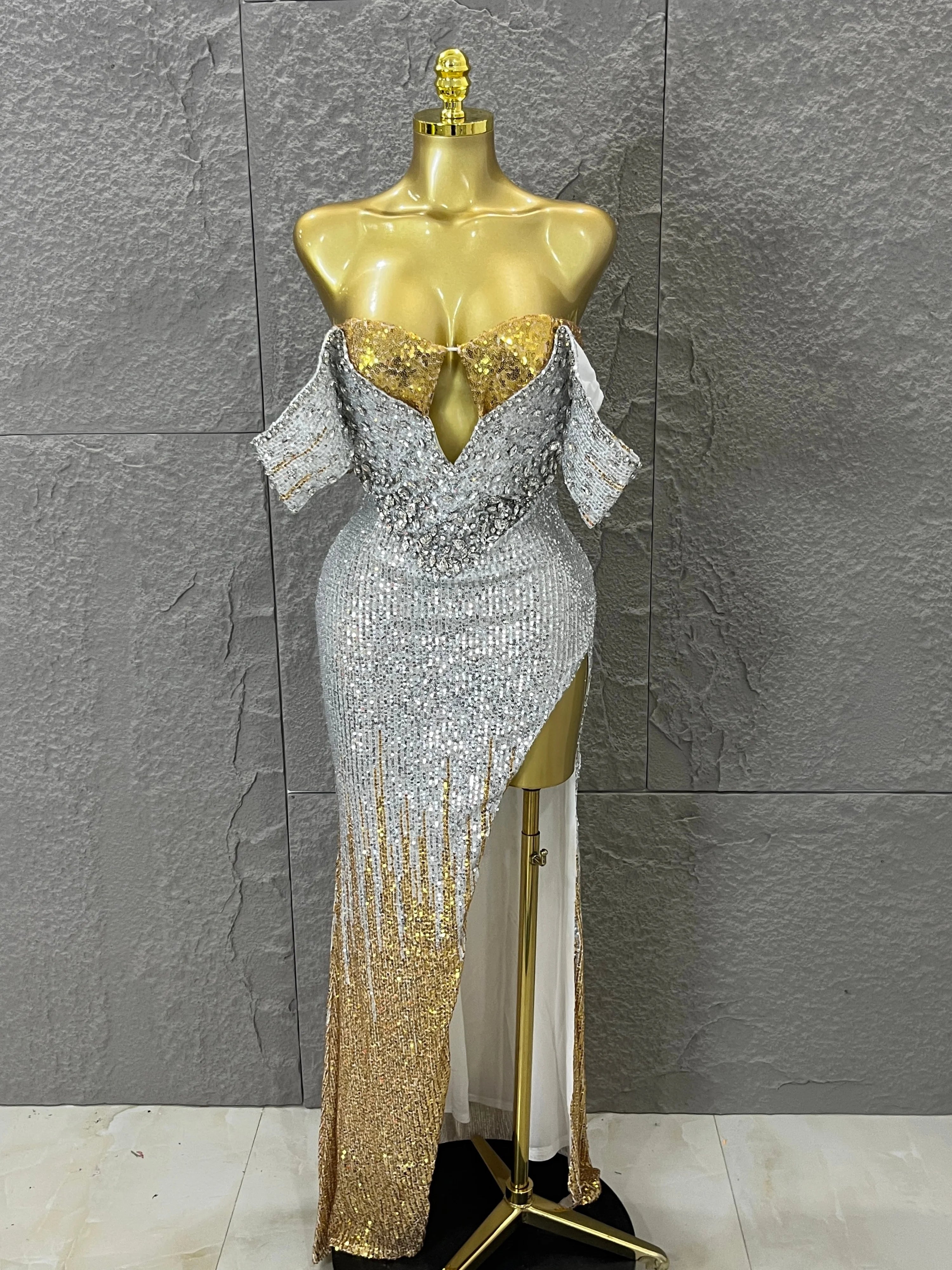 Sparkly Silver Gold Sequin Off Shoulder High Slit Dress Allover Glitter Evening Party Club Birthday Gala Celebration Event Silver