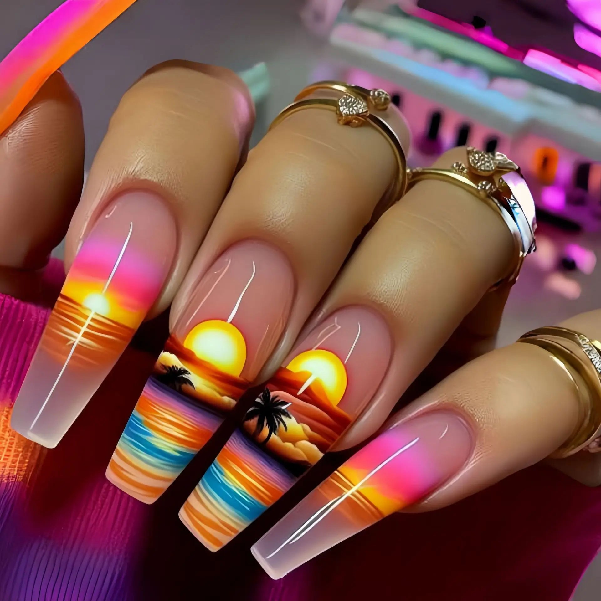 24pcs/set Medium long fake nails Gradient blue ocean fish sun flowers butterfly square ballet summer tips press on false nail 2355