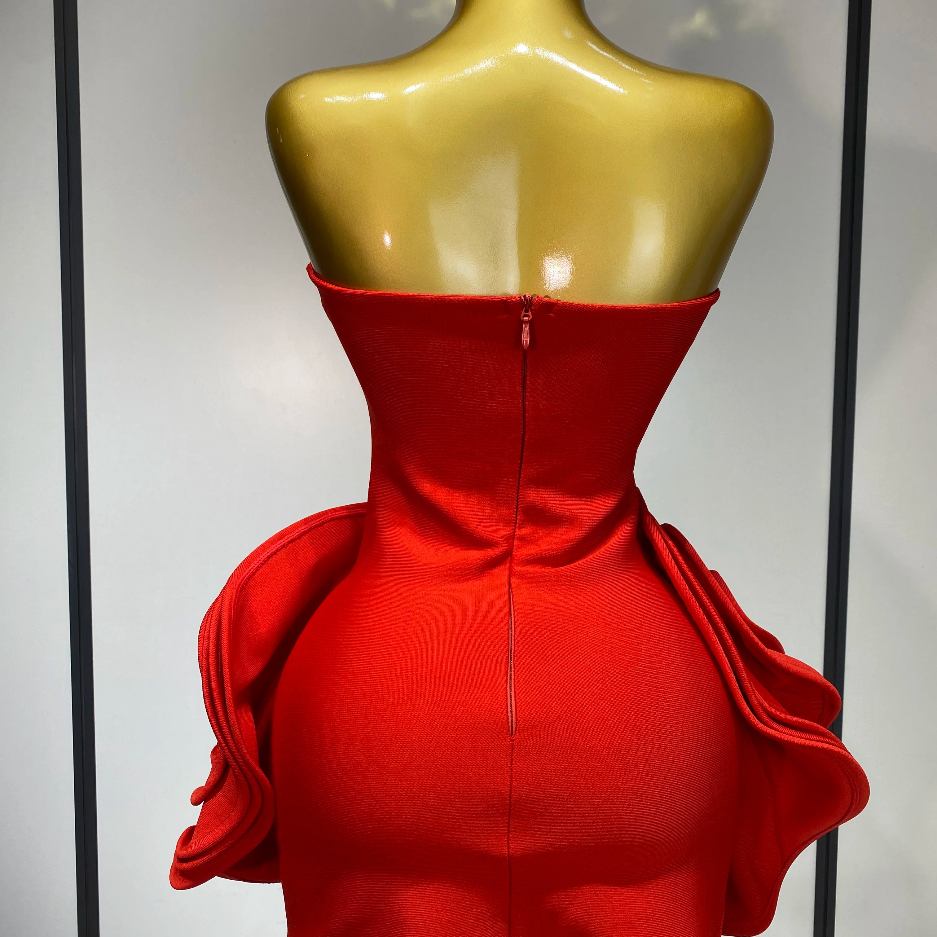 Celebrity Sexy Strapless Backless Flower Red Mini Bodycon Bandage Dress 2025 Knitted Elegant Evening Club Luxury Birthday Dress