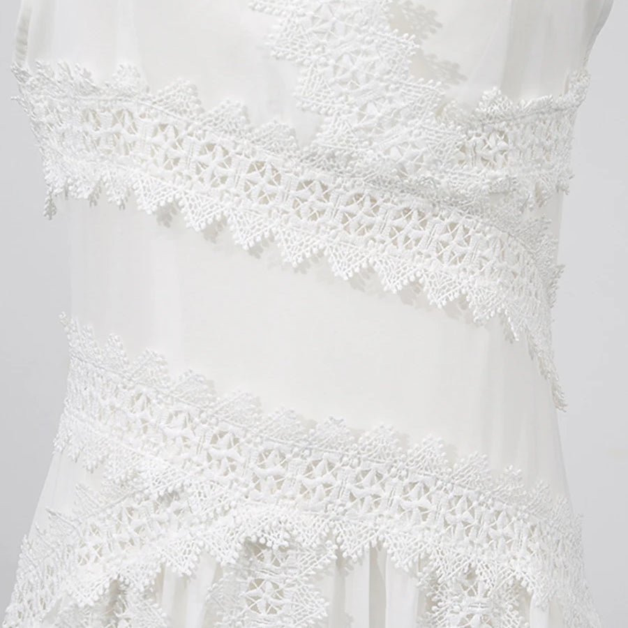 White Spliced Lace Minimalist Dresses for Women V Neck Sleeveless Temperamnet Long Dress Female Fashion Clothes New
