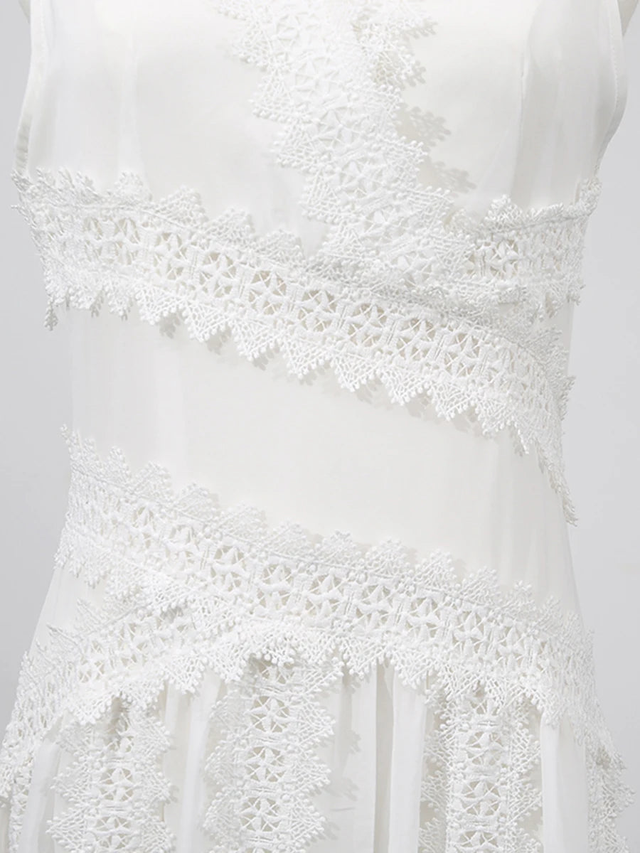 White Spliced Lace Minimalist Dresses for Women V Neck Sleeveless Temperamnet Long Dress Female Fashion Clothes New