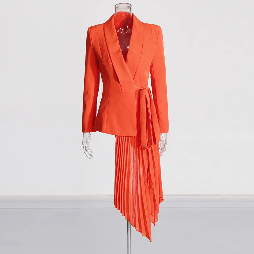 Solid Spliced Folds Blazers For Women V Neck Long Sleeve Patchwork Lace Up Irregular Chic Blazer Female Fashion New ORANGE