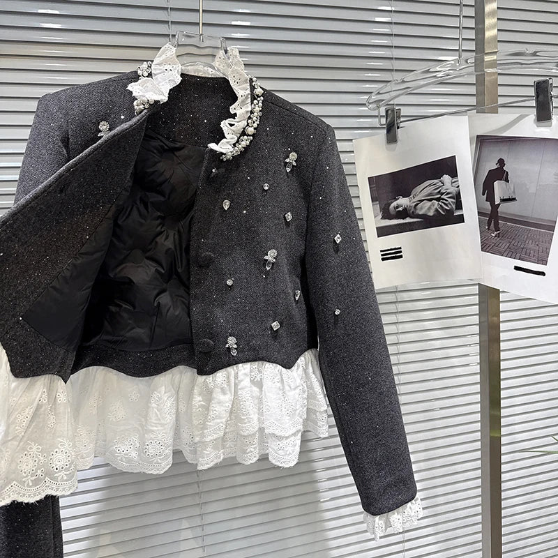 Winter New Fashion Style Handmade Beaded Cotton Lined Short Coat Woolen Shorts Two-pieces Set For Women 11A07555