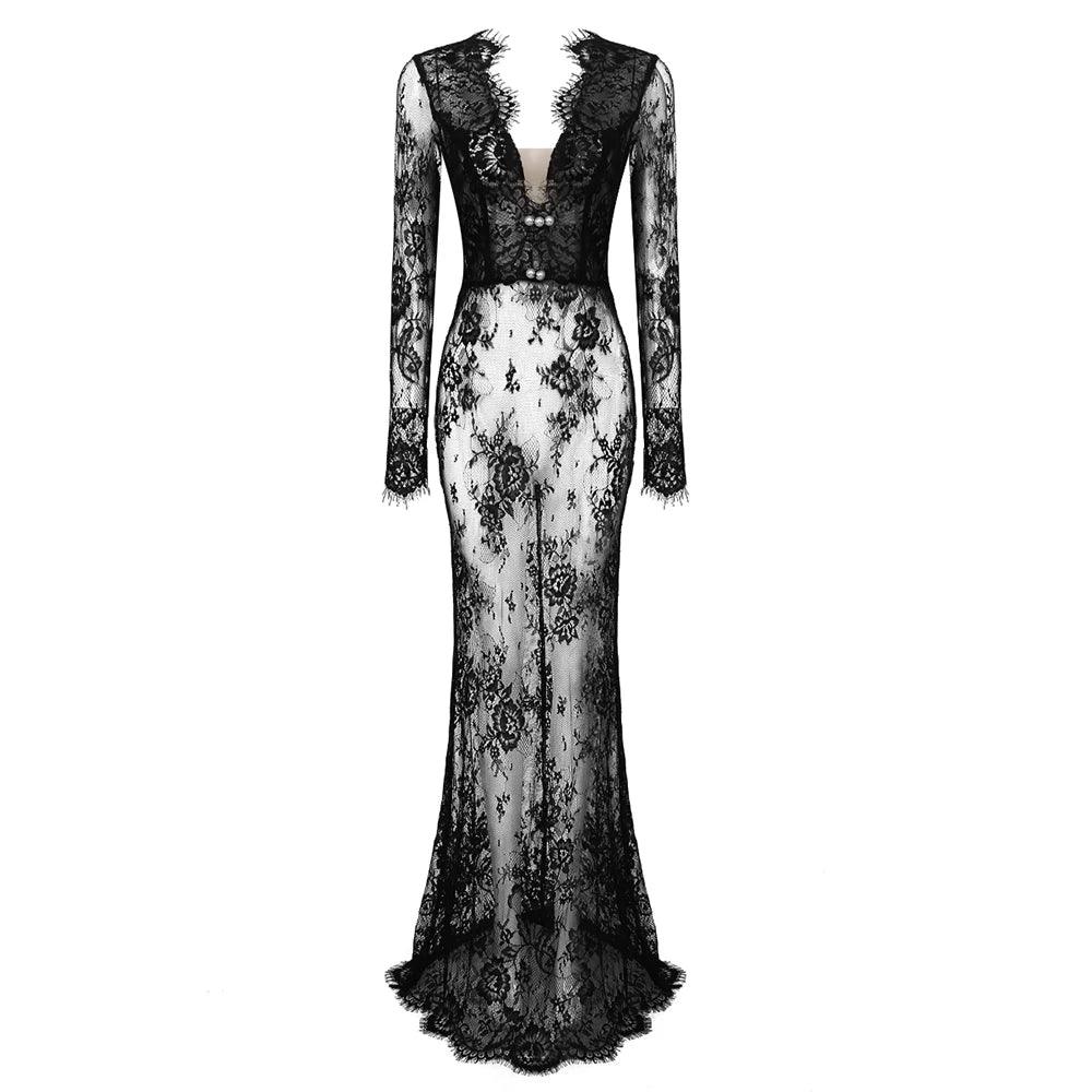 Black Long Dresses For Women Sexy V Neck Long Sleeve Lace Evening Maxi Gown Fashion Summer Dresses 2024 black