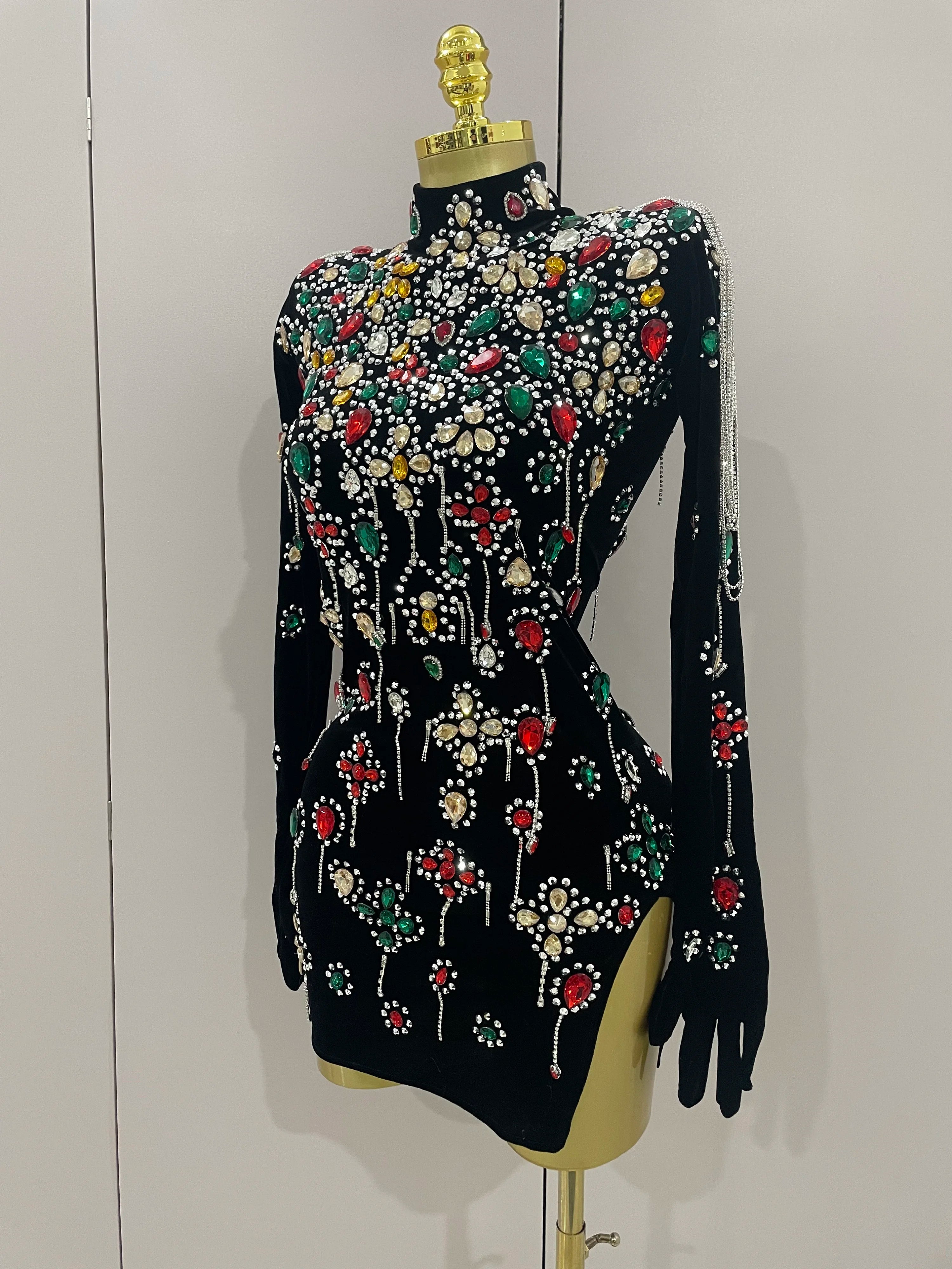 Sexy Sparkle Multicolor Rhinestones Black Velvet Gloves Slit Short Dress 2025New Women Evening Birthday Party Club Stage Costume