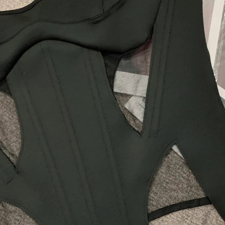 DEAT Summer New Sexy Hollow Out Mesh Patchwork Slim Suspend Women's Backless Black Color Sleeveless Tops Female 11XX3975