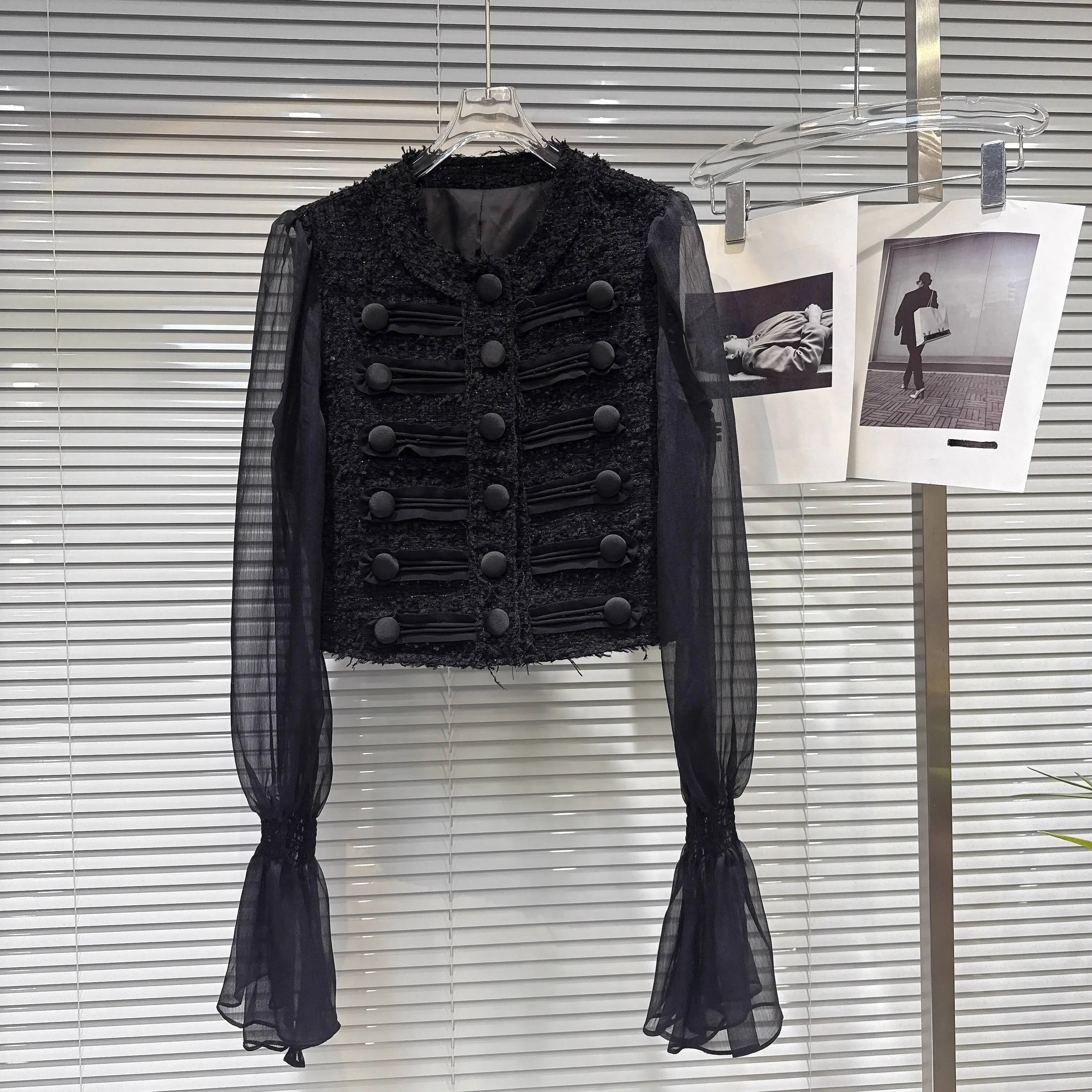 Autumn New Fashion Tweed Mesh Sleeve Short Jacket For Women High Elastic Waist Cake Skirt Female Trend 11A07728 only Black Top