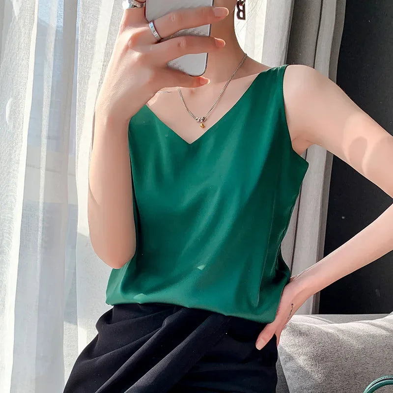 Ice Silk Camisole Women's V-neck Tops White Satin Camis Mulberry Summer Ladies' Crop Top Women Solid Blouse Vest Dark green