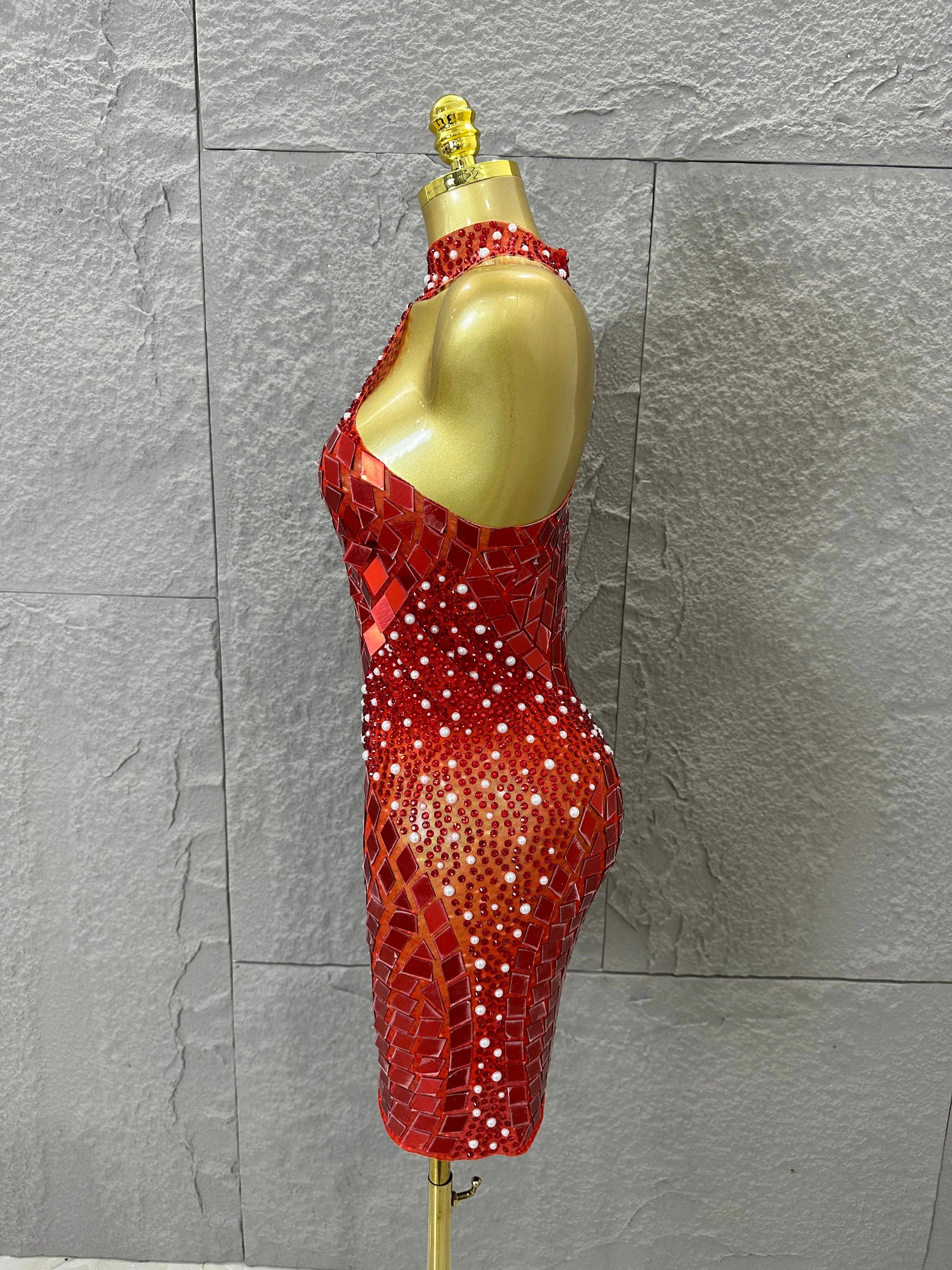 Luxury Gold Halter Neck Mini Dress Diamond Mirror Pearl Beaded Bodycon Nightclub Party Clubwear Outfit